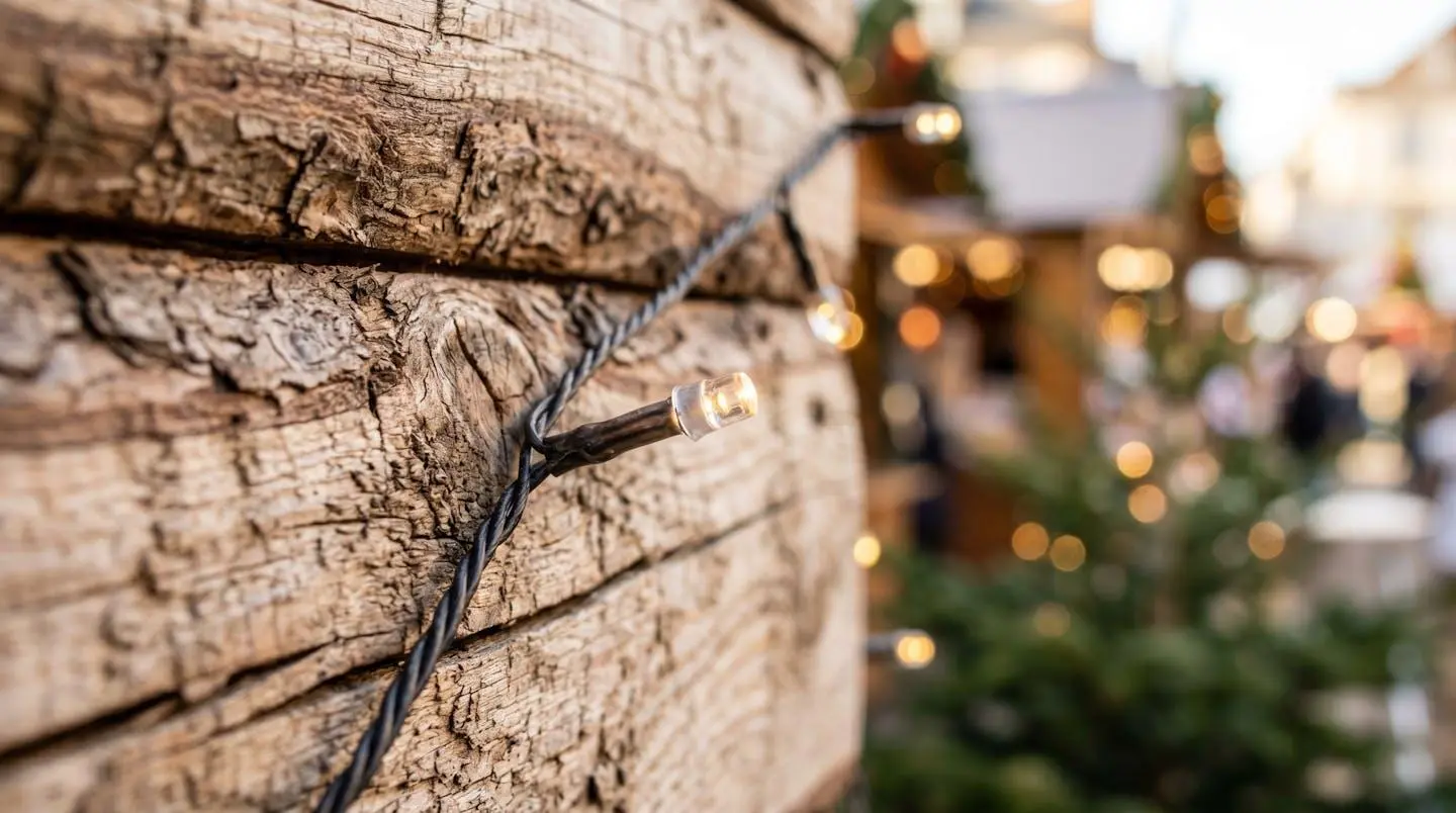 Gros plan d'un détail de décoration de Noël pour événement municipal, texture de guirlande lumineuse sur bois de chalet, arrière-plan flouté