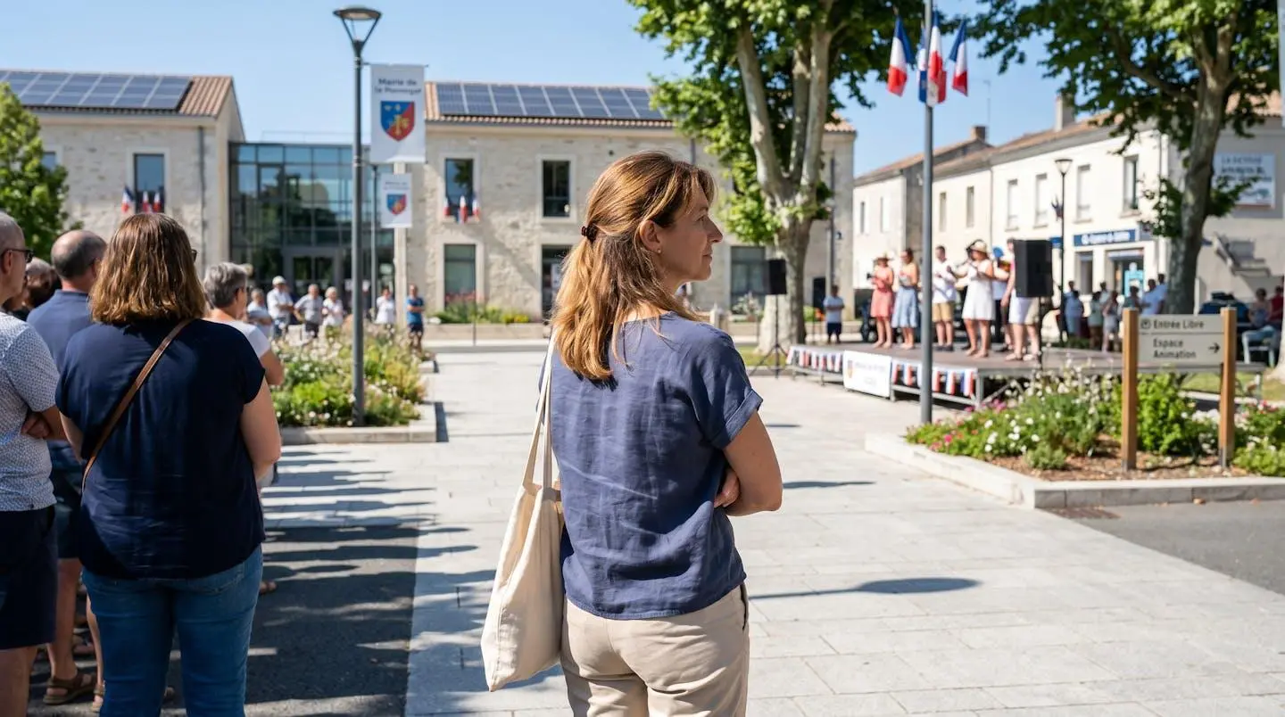 Personne vue de dos observant une activité d'animation municipale estivale en extérieur, scène de vie contemporaine dans une ville française