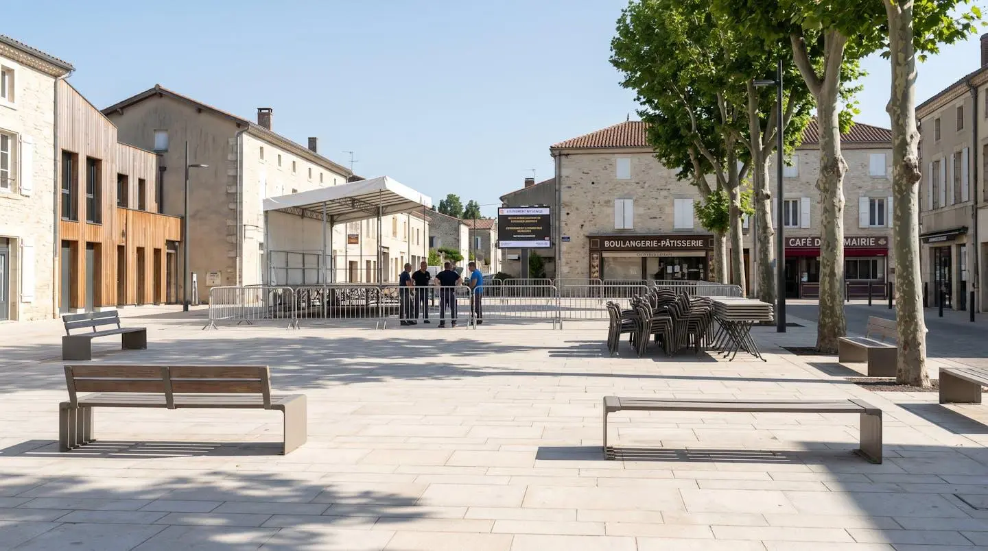 Place de mairie française vide en cours de préparation avec structures d'événement partiellement installées, lumière matinale