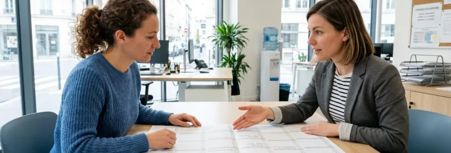 Deux responsables municipaux en discussion autour d'un calendrier événementiel posé sur une table de bureau