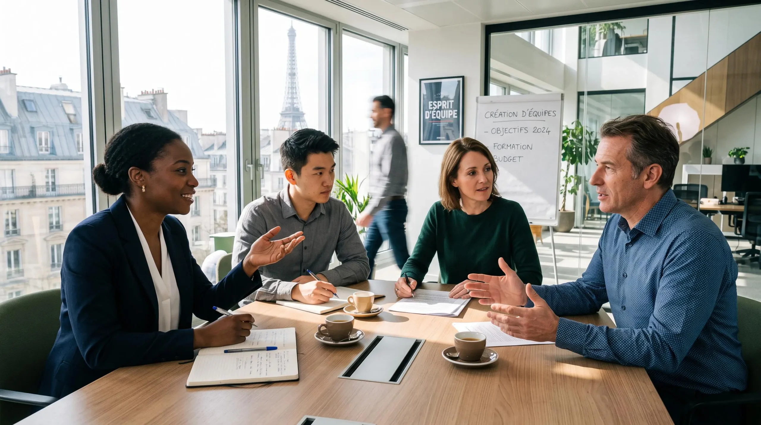 Petite équipe de collaborateurs et responsable RH réunis autour d'une table de réunion en train d'échanger lors d'un débriefing dans une salle lumineuse