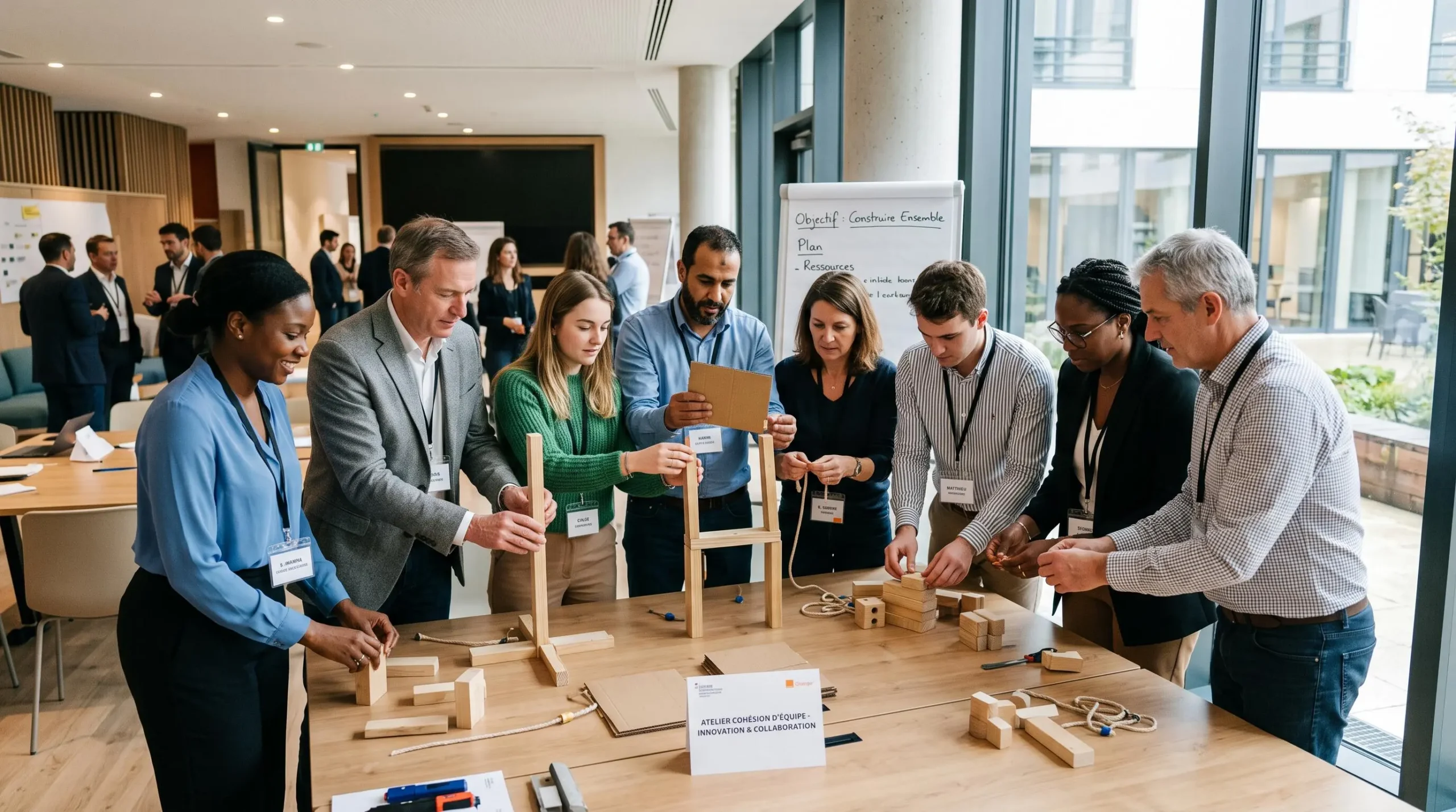 Groupe de collaborateurs en tenue professionnelle décontractée construisant ensemble une structure lors d'une activité team building dans une salle de séminaire lumineuse