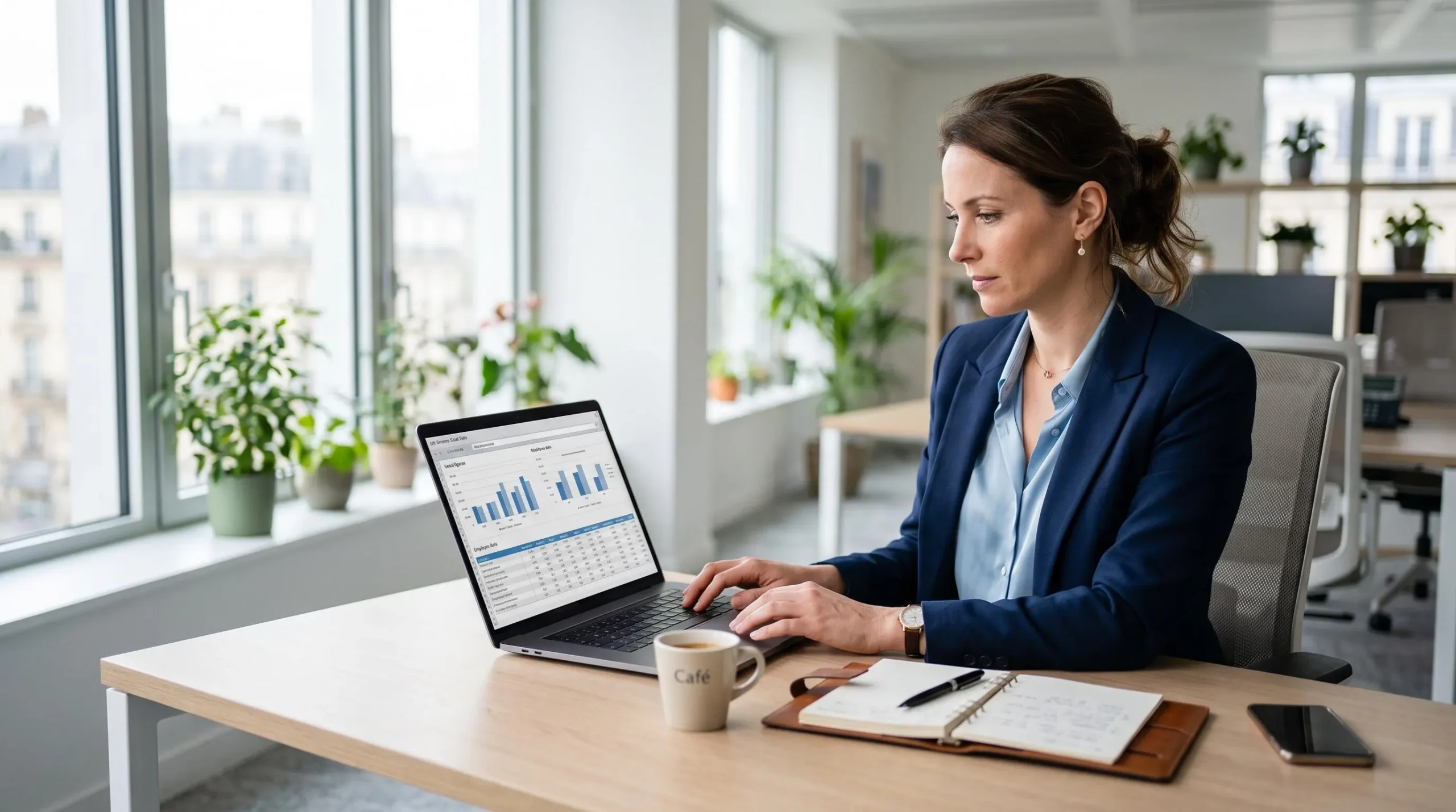 Responsable RH concentrée sur l'analyse de données RH affichées sur son ordinateur portable dans un bureau contemporain lumineux
